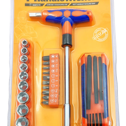 Set of 25 Pcs Magnetic T-Handle Ratchet Wrench and Screwdriver Set 9 Pc x sockets, 10 Pcs x Screw driver heads Set, 1 x Allen key Set, & 1 Pc x T-Handle Wrench