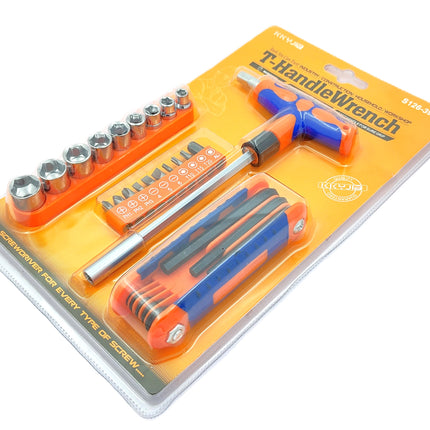 Set of 25 Pcs Magnetic T-Handle Ratchet Wrench and Screwdriver Set 9 Pc x sockets, 10 Pcs x Screw driver heads Set, 1 x Allen key Set, & 1 Pc x T-Handle Wrench