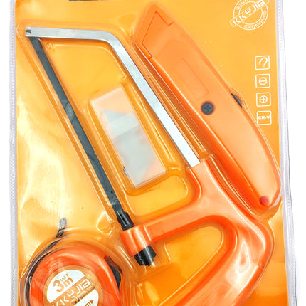 Buyohlic International Hand Tool Set 1 Pc x Mini Hacksaw Hand Saw, 1 x Utility Knife 1 x 3 Mtr Measuring Tap Small Combos