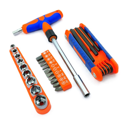 Set of 25 Pcs Magnetic T-Handle Ratchet Wrench and Screwdriver Set 9 Pc x sockets, 10 Pcs x Screw driver heads Set, 1 x Allen key Set, & 1 Pc x T-Handle Wrench