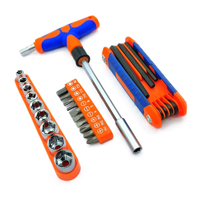 Set of 25 Pcs Magnetic T-Handle Ratchet Wrench and Screwdriver Set 9 Pc x sockets, 10 Pcs x Screw driver heads Set, 1 x Allen key Set, & 1 Pc x T-Handle Wrench