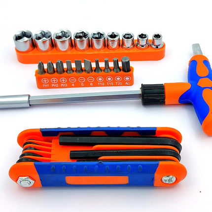 Set of 25 Pcs Magnetic T-Handle Ratchet Wrench and Screwdriver Set 9 Pc x sockets, 10 Pcs x Screw driver heads Set, 1 x Allen key Set, & 1 Pc x T-Handle Wrench