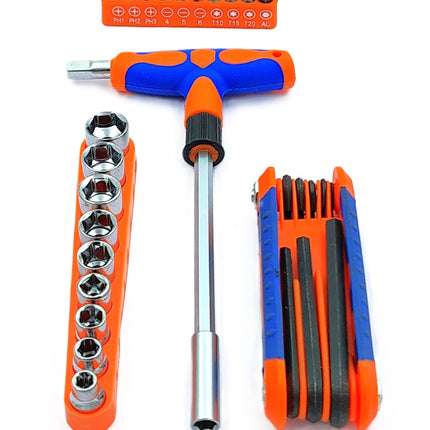 Set of 25 Pcs Magnetic T-Handle Ratchet Wrench and Screwdriver Set 9 Pc x sockets, 10 Pcs x Screw driver heads Set, 1 x Allen key Set, & 1 Pc x T-Handle Wrench