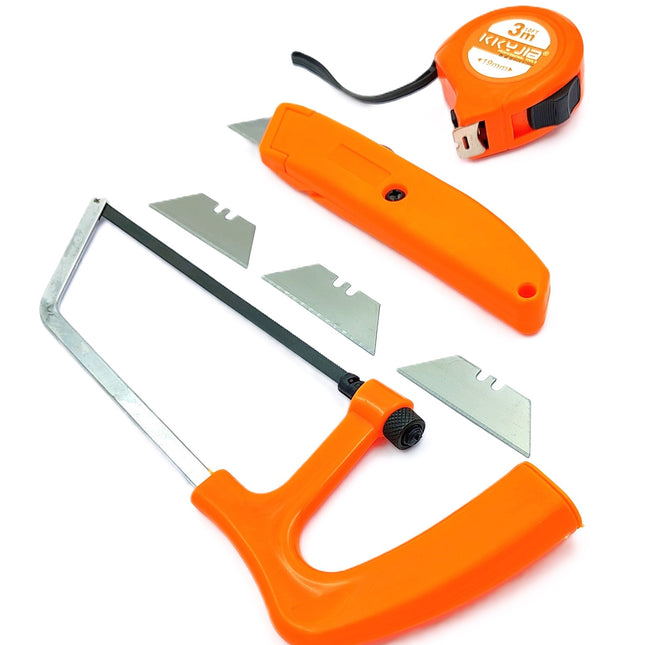 Buyohlic International Hand Tool Set 1 Pc x Mini Hacksaw Hand Saw, 1 x Utility Knife 1 x 3 Mtr Measuring Tap Small Combos