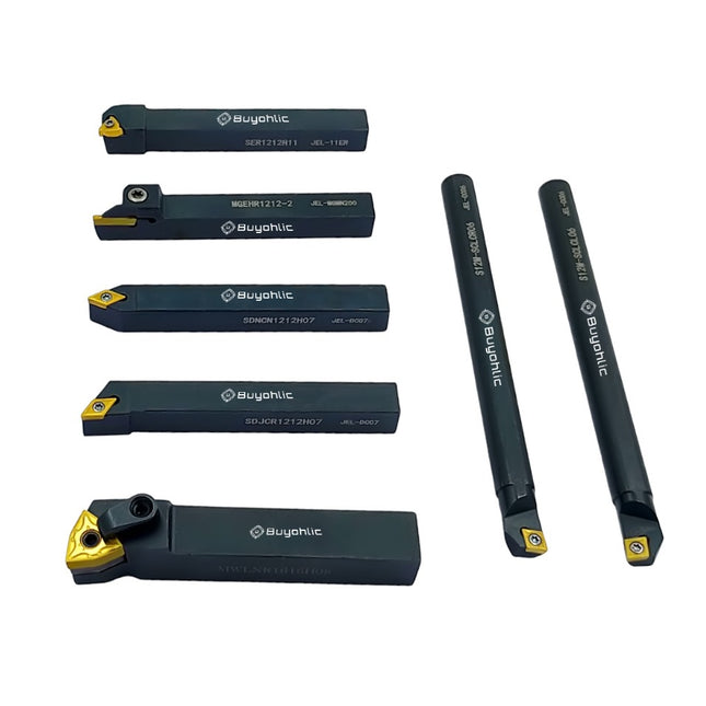 Buyohlic 7 Pieces Carbide Turning Tool Set Indexable Lathe Turning / Grooving / Threading Tool-1/2" Shank with Tin Coated Carbide Inserts Turning insert