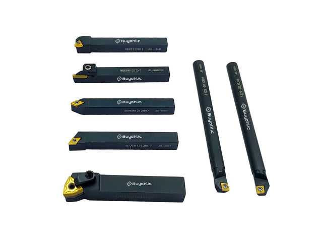 Buyohlic 7 Pieces Carbide Turning Tool Set Indexable Lathe Turning / Grooving / Threading Tool-1/2" Shank with Tin Coated Carbide Inserts Turning insert
