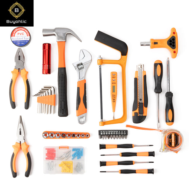 Buyohlic  44 Pcs Complete Repair General Hand Tool Set for Men Women - Household Tool Kit for Home Improvement with Hammer & Pliers Set & Ratchet Wrench & Socket & Protable Tool Box Case