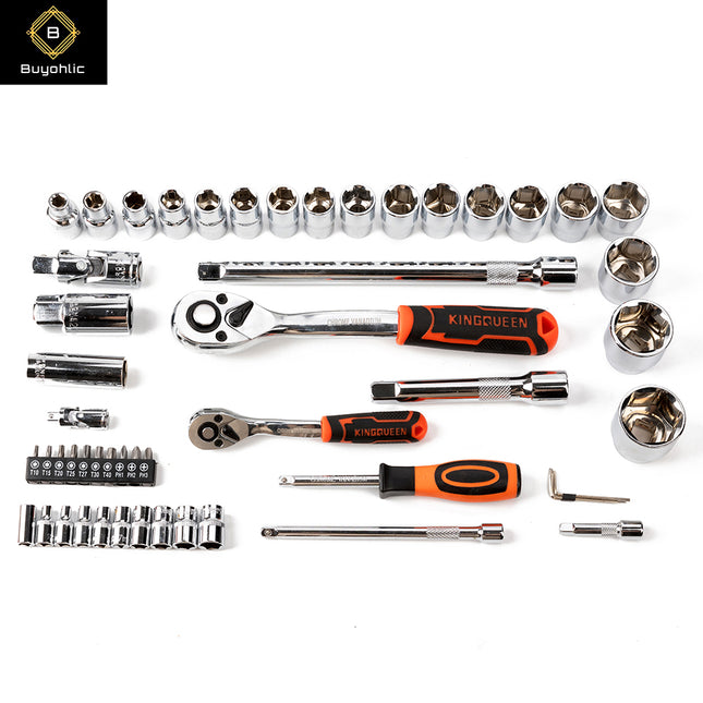 Buyohlic 41-Pieces Drive Socket Set 1/4'' and 1/2'' Metric and Imperial Sockets Quick Release Reversible Ratchet