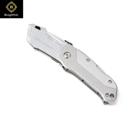 Buyohlic International Folding Utility Knife With 3 Blades Automatic Loading Light weight Aluminum Body