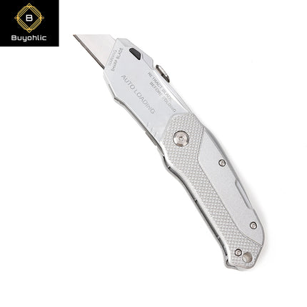 Buyohlic International Folding Utility Knife With 3 Blades Automatic Loading Light weight Aluminum Body