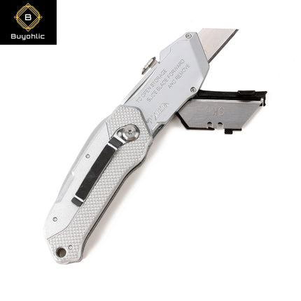 Buyohlic International Folding Utility Knife With 3 Blades Automatic Loading Light weight Aluminum Body