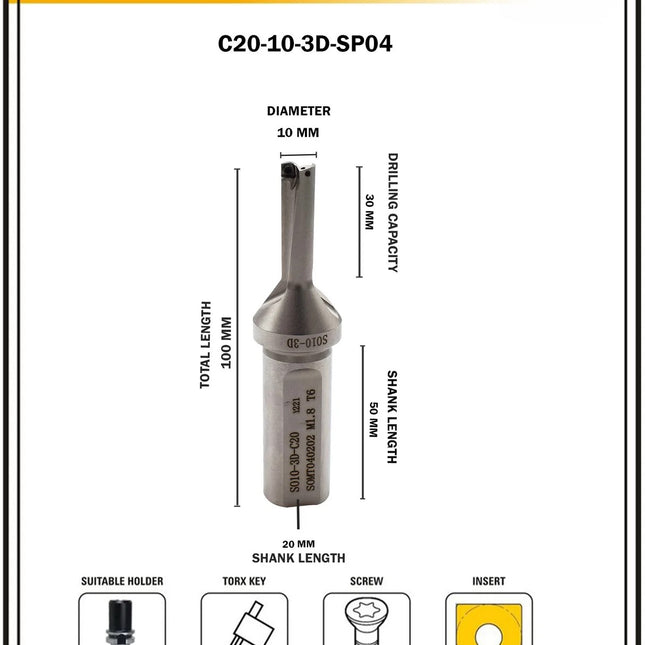 Indexable Insert U Drill 10 MM II Weldon Shank II Through Coolant II 10 pcs Carbide Inserts FREE