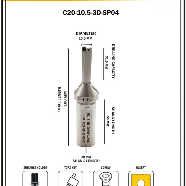 Indexable Insert U Drill 10.5 MM II Weldon Shank II Through Coolant II 10 pcs Carbide Inserts FREE