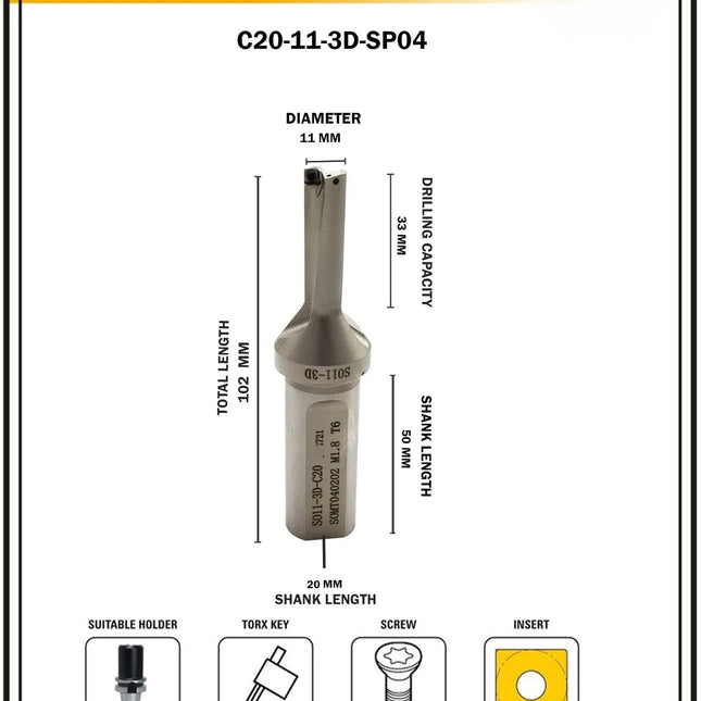 Indexable Insert U Drill 11 MM II Weldon Shank II Through Coolant II 10 pcs Carbide Inserts FREE