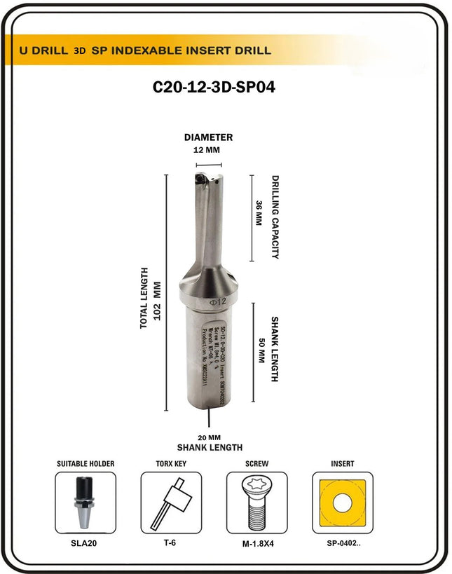 Indexable Insert U Drill 12 MM II Weldon Shank II Through Coolant II 10 pcs Carbide Inserts FREE