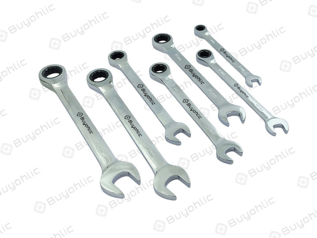 Buyohlic 7-Piece Flex-Head Metric Ratcheting Wrench Set Metric 8 to 19mm Standard Spanners CR-V Steel, with Organizer Rack