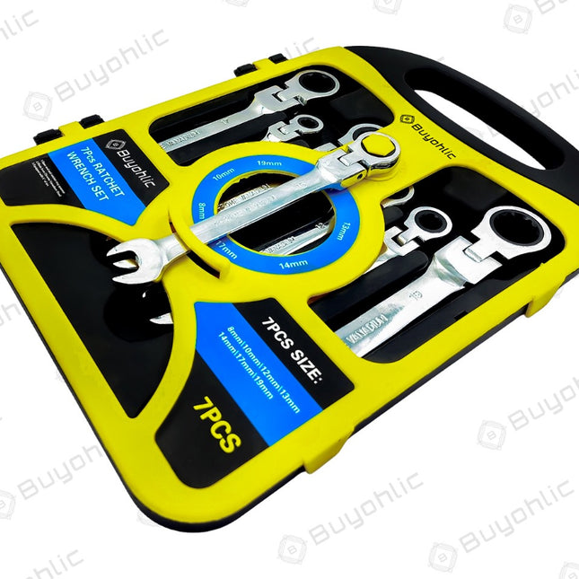 Buyohlic 7-Piece Flex-Head Metric Ratcheting Wrench Set Metric 8 to 19mm Standard Spanners CR-V Steel, with Organizer Rack