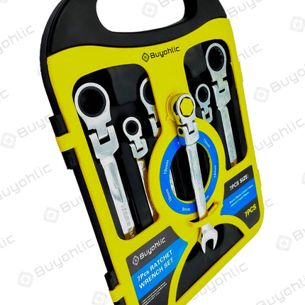 Buyohlic 7-Piece Flex-Head Metric Ratcheting Wrench Set Metric 8 to 19mm Standard Spanners CR-V Steel, with Organizer Rack