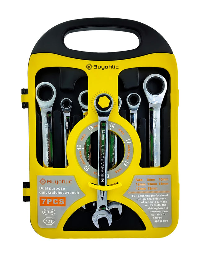 Buyohlic 7-Piece Flex-Head Metric Ratcheting Wrench Set Metric 8 to 19mm Standard Spanners CR-V Steel, with Organizer Rack