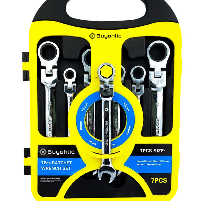 Buyohlic 7-Piece Flex-Head Metric Ratcheting Wrench Set Metric 8 to 19mm Standard Spanners CR-V Steel, with Organizer Rack