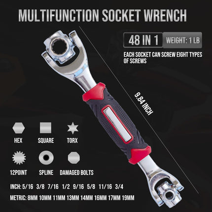 48 in 1 Socket Wrench, Stainless Steel Multi Function Wrench Tool with 360 Degree Rotating Head, Universal Wrench with Rubber Handle