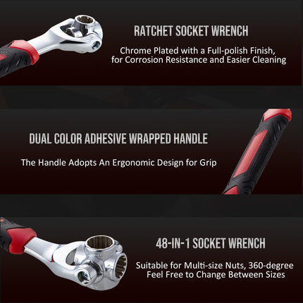 48 in 1 Socket Wrench, Stainless Steel Multi Function Wrench Tool with 360 Degree Rotating Head, Universal Wrench with Rubber Handle