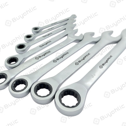 Buyohlic 8 Pcs Ratcheting Wrench Set Matt Finish with Rack Organizer Premium CR-V Steel 72 Teeth