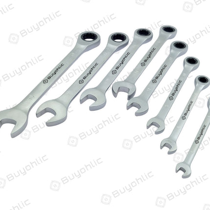 Buyohlic 8 Pcs Ratcheting Wrench Set Matt Finish with Rack Organizer Premium CR-V Steel 72 Teeth
