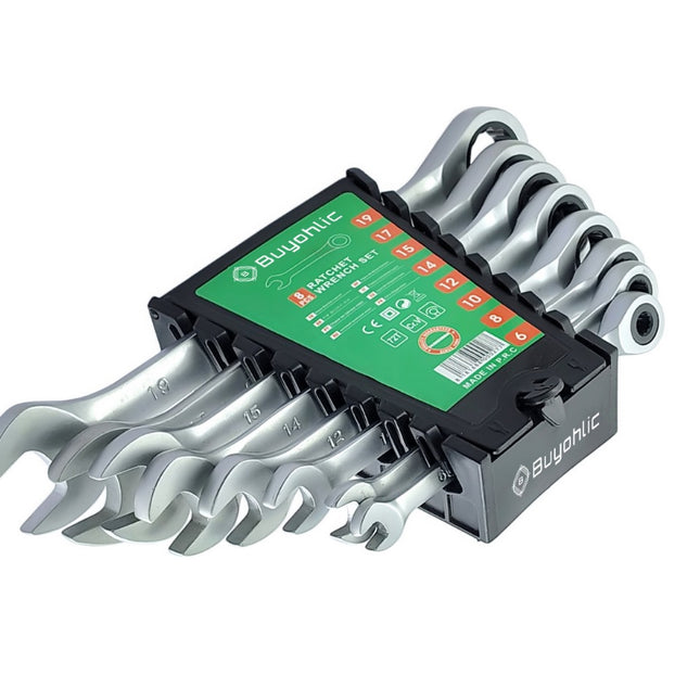 Buyohlic 8 Pcs Ratcheting Wrench Set Matt Finish with Rack Organizer Premium CR-V Steel 72 Teeth