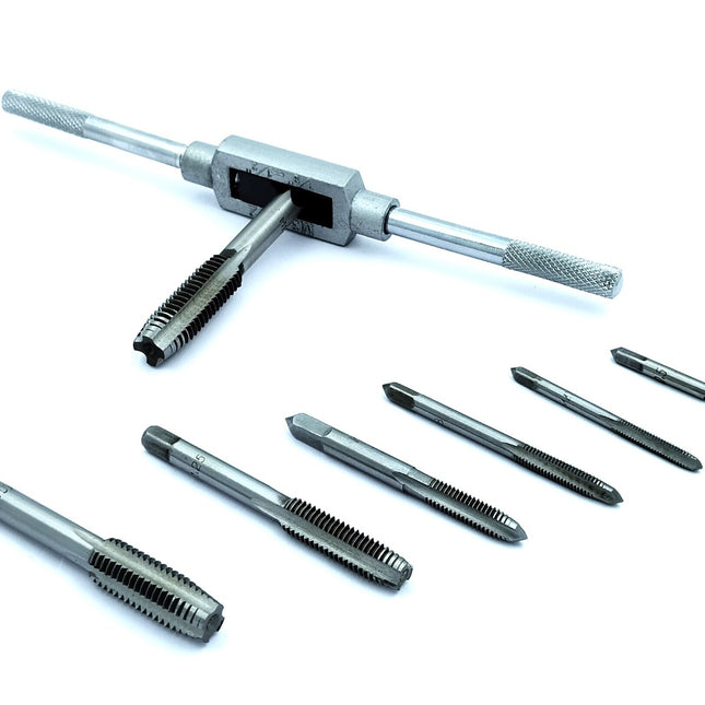 Buyohlic 8 pcs Taps Set with Adjustable Tap Wrench 1/16-1/2'' for Internal and External Threading Taps Size M3 M4 M5 M6 M8 M10 M12