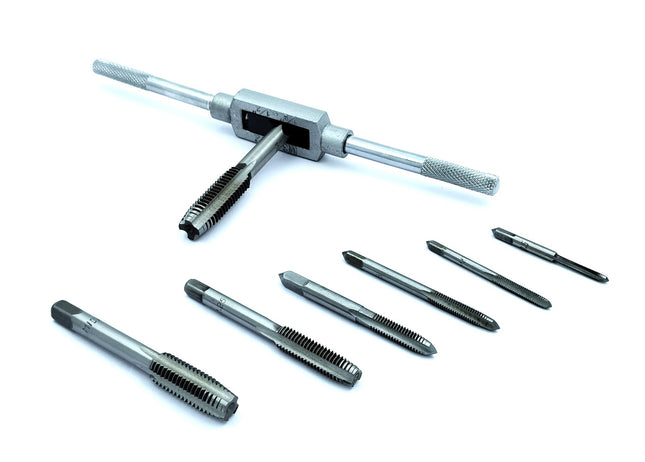 Buyohlic International 8 pcs Taps Set with Adjustable Tap Wrench 1/16-1/2'' for Internal and External Threading Taps Size M3 M4 M5 M6 M8 M10 M12