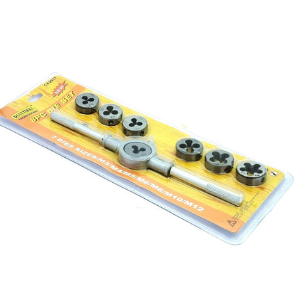 Set of 8 Pcs Metric Die Set & Adjustable Wrench Holder with M3-M12 Dies