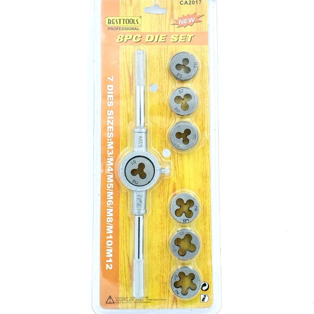 Set of 8 Pcs Metric Die Set & Adjustable Wrench Holder with M3-M12 Dies