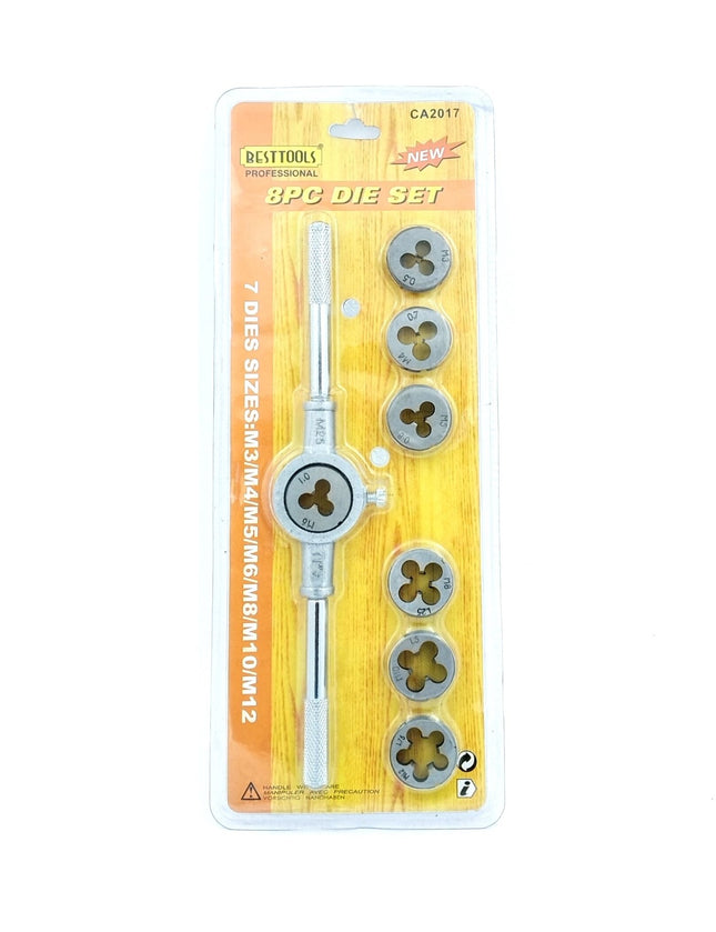 Set of 8 Pcs Metric Die Set & Adjustable Wrench Holder with M3-M12 Dies
