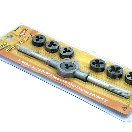 Set of 8 Pcs Metric Die Set & Adjustable Wrench Holder with M3-M12 Dies