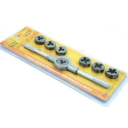 Set of 8 Pcs Metric Die Set & Adjustable Wrench Holder with M3-M12 Dies