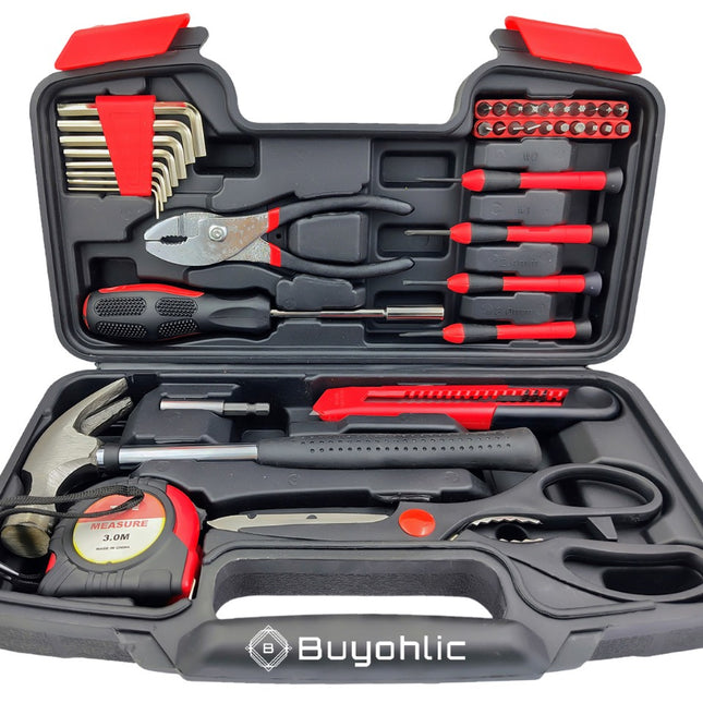 Buyohlic's 39 Piece General Household Hand Tool Kit Starter Set with Plastic Toolbox Storage Case