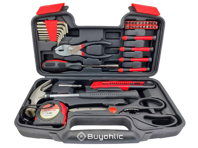 Buyohlic's 39 Piece General Household Hand Tool Kit Starter Set with Plastic Toolbox Storage Case