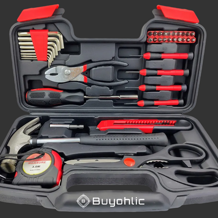 Buyohlic's 39 Piece General Household Hand Tool Kit Starter Set with Plastic Toolbox Storage Case