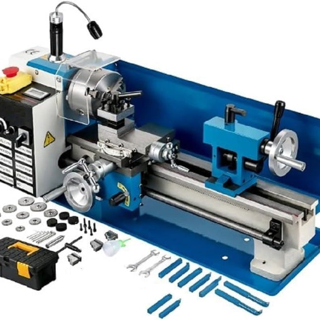 Package of 1 x Mini 7 x 14 Lathe Machine with 6 Free Compatible Accessories, Taper Turning, Radius Turning, Ball Turning, Vertical Slide, Z Angle Plate, Steel Grinding Vice