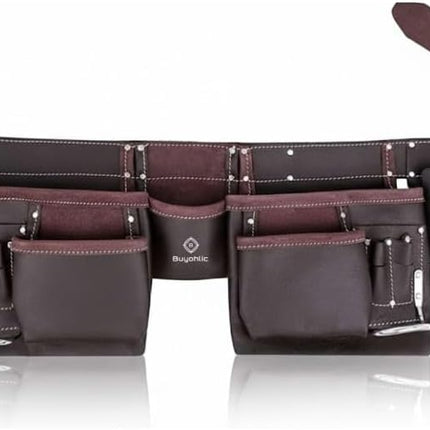 Leather Tool Belt Pouch Bag, 12-Pocket Extra Large Carpenter Tool Belt for Construction, Framers & Handyman, Fits 28″–40″ Waist