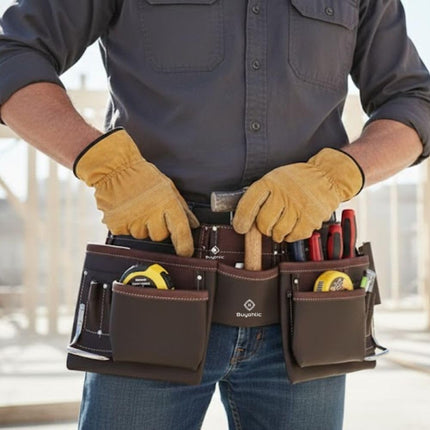 Leather Tool Belt Pouch Bag, 12-Pocket Extra Large Carpenter Tool Belt for Construction, Framers & Handyman, Fits 28″–40″ Waist