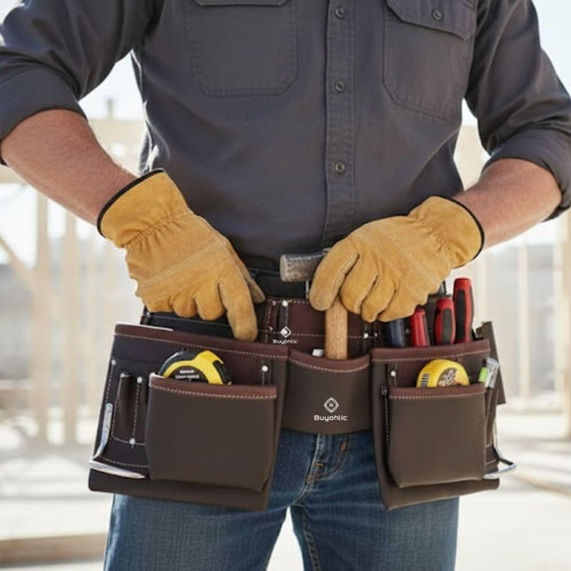 Leather Tool Belt Pouch Bag, 12-Pocket Extra Large Carpenter Tool Belt for Construction, Framers & Handyman, Fits 28″–40″ Waist