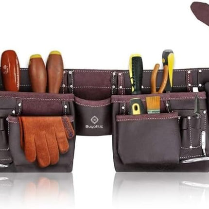 Leather Tool Belt Pouch Bag, 12-Pocket Extra Large Carpenter Tool Belt for Construction, Framers & Handyman, Fits 28″–40″ Waist