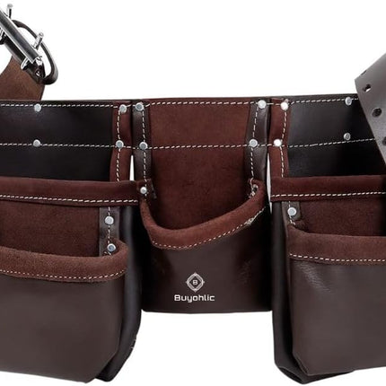 Leather Tool Belt Pouch Bag, 12-Pocket Extra Large Carpenter Tool Belt for Construction, Framers & Handyman, Fits 28″–40″ Waist