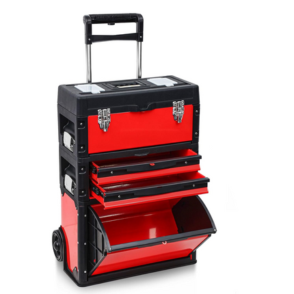 Stackable Rolling Tool Box Portable Metal Tool Chest with Wheels and Drawers 28.35 x 20.47 x 12.6 Inch Trolley Toolbox Organizer 3 Tier Red Upright Tool Bin for Garage or Workshop