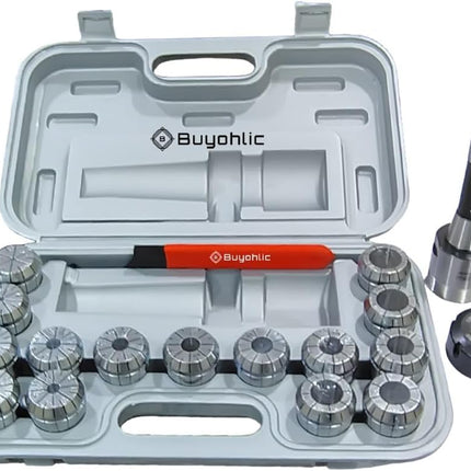 Buyohlic 15 Pc ER40 Precision Collet Set with R8 Bridgeport Shank Holder & Wrench Milling & Drilling
