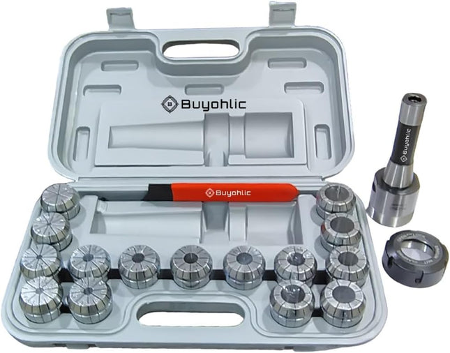 Buyohlic 15 Pc ER40 Precision Collet Set with R8 Bridgeport Shank Holder & Wrench Milling & Drilling