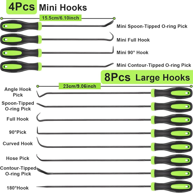 BUYOHLIC 12 Pcs Automotive Hook & Pick Tool Kit, Long and Mini Precision Puller Remover Set, Car Repair Essentials for O-Ring, Seal & Gasket Removal, Mechanic Tools