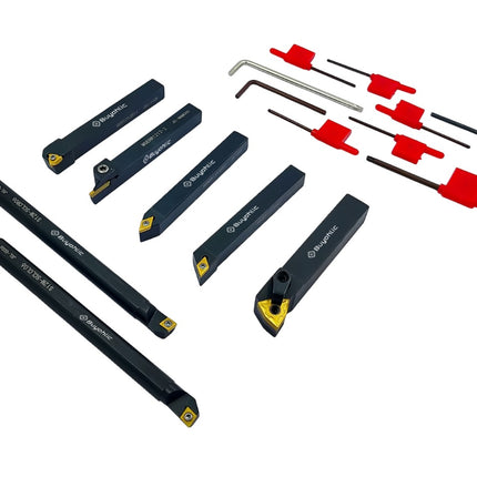 Buyohlic 7 Pieces Carbide Turning Tool Set Indexable Lathe Turning / Grooving / Threading Tool-1/2" Shank with Tin Coated Carbide Inserts Turning insert